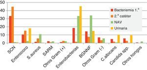 Porcentaje de diferentes microorganismos en los diferentes tipos de infecciones nosocomiales obtenidos en el estudio ENVIN, 2011. BGNNF: bacilos Gram negativos no fermentadores.