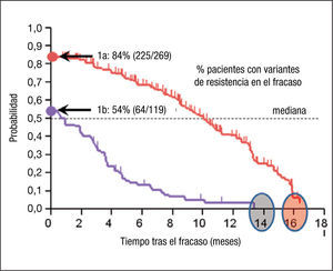 Estimación de Kaplan-Meier del tiempo (meses) transcurrido hasta la reversión de mutaciones de resistencia seleccionadas en los fracasos a telaprevir en los genotipos 1a y 1b del virus de la hepatitis C (VHC) una vez suspendido el tratamiento. Adaptado de Sullivan et al41.