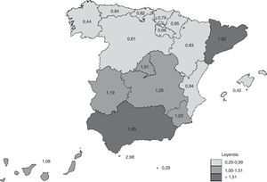 Incidencia de hospitalización por tos ferina (por 100.000 habitantes) por comunidades autónomas en España (1997-2011).