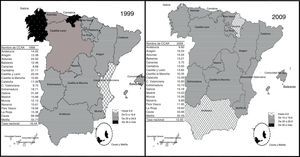 Tasas de hospitalización por tuberculosis de todas las localizaciones, por comunidades autónomas. España, 1999 y 2009. CC. AA.: comunidades autónomas.