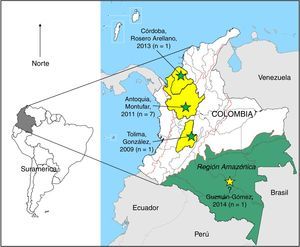 Distribución geográfica (departamentos) de los casos reportados de melioidosis originarios en Colombia, 2009-2014.