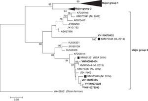 Phylogenetic tree of partial (from nucleotide position 133–471) VP1 coding sequences of EV-D68 detected (in bold) in the present study. Sequences of recent Dutch (NL 2014) and USA (USA 2014) strains are marked with black squares. The evolutionary distances were computed using the Tamura 3-parameter method in MEGA v6, with a gamma distribution (shape parameter=0.49).
