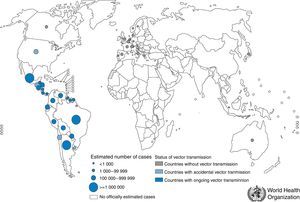 Distribución de la enfermedad de Chagas. Fuente: imagen obtenida de: http://gamapserver.who.int/mapLibrary/app/searchResults.aspx.
