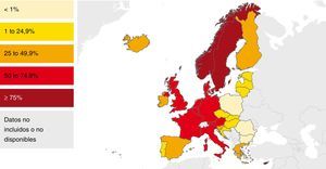 Porcentaje de casos de tuberculosis en extranjeros en los países de la UE/AEE. 2013. Modificada de: European Centre for Disease Prevention and Control6.