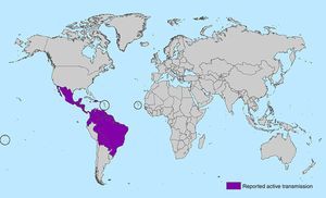 Map with all countries with ongoing transmission of zika virus (source: CDC Centers for Disease Control and Prevention [http://www.cdc.gov/zika/geo/active-countries.html]; last update 5 Feb 2016). Americas: Barbados, Bolivia, Brazil, Colombia, Commonwealth of Puerto Rico (US territory), Costa Rica, Curacao, Dominican Republic, Ecuador, El Salvador, French Guiana, Guadeloupe, Guatemala, Guyana, Haiti, Honduras, Jamaica, Martinique, Mexico, Nicaragua, Panama, Paraguay, Saint Martin, Suriname, U.S. Virgin Islands, Venezuela. Oceania/Pacific Islands: American Samoa, Samoa, Tonga. Africa: Cape Verde.