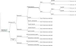 Árbol de decisión con las 3 alternativas diagnósticas: a) método habitual; b) alternativa 1; c) alternativa 2.