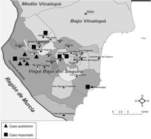 Distribución de los casos de estrongiloidiasis autóctonos e importados según lugar de residencia en la región de la Vega Baja.