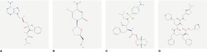 Estructura molecular de los componentes de Symtuza®. A) Tenofovir alafenamida. Fuente: https://pubchem.ncbi.nlm.nih.gov/compound/9574768#section=2D-Structure. B) Emtricitabina. Fuente: https://pubchem.ncbi.nlm.nih.gov/compound/60877#section=2D-Structure. C) Darunavir. Fuente: https://pubchem.ncbi.nlm.nih.gov/compound/213039#section=2D-Structure. D) Cobicistat. Fuente: https://pubchem.ncbi.nlm.nih.gov/compound/25151504#section=2D-Structure.