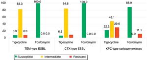 Activity of tigecycline and fosfomycin against Klebsiella pneumoniae isolates.