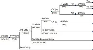 Circuito asistencial del DTRA. Circuito asistencial de los pacientes con hepatitisC crónica del diagnóstico estándar desde la primera visita a atención primaria o atención hospitalaria hasta el diagnóstico de la infección y acceso o no a tratamiento de los pacientes.AH: atención hospitalaria; AP: atención primaria; CV (+): carga viral positiva; CV (−): carga viral negativa; GT: genotipo; Tto: tratamiento.