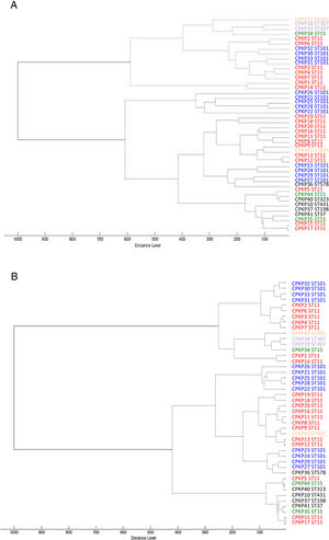 Dendrograms performed by MALDI Biotyper software spectra analysis of CPKP isolates. Analysis of 44 isolates using all peaks was performed. (A) Average linkage was used. (B) Ward linkage was used.