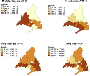 Incidencias suavizadas de ENI por serotipos resistentes eritromicina y del consumo comunitario de macrólidos DHD en los periodos pre-VCN13 y VCN13.