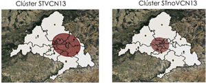 Clústeres espacio-temporales de caso de ENI por STVCN13 y STnoVCN13 clúster STVCN13, clúster STnoVCN13.