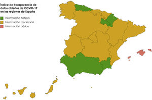 Representación del índice de transparencia de datos abiertos de COVID-19 en la geografía española.