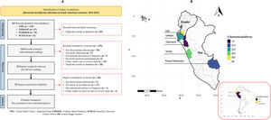 Systematic review. (A) Flowchart of the selective steps for inclusion and exclusion of studies. (B) Geographic distribution of the occurrence of Carrion