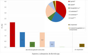 Prevalencia de infección (columnas) y distribución (sectores) de especies de Borrelia detectadas en Ixodes ricinus recogidas en vegetación. España, 1995-2021. B.: Borrelia; P.I.: prevalencia de infección. En B. burgdorferisensu lato se representan las especies que se consideran: * patógenas; ** de baja patogenicidad; *** patogenicidad no demostrada.