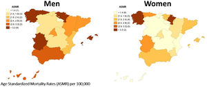 Geographic variation in age-standardized mortality rates of infective endocarditis in Spain by sex, 2023. Brackets: number of autonomous communities in each group.