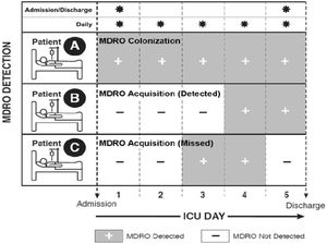 Diagram of the surveillance culture detection strategy (modified from Ref. 32). This figure illustrates a comparative strategy for detecting multidrug-resistant organism (MDRO) colonization in the ICU, showing that cultures at admission and discharge identify 91% of prevalent cases and 63% of incident cases, relative to continuous surveillance. It highlights the trade-offs between resource-intensive weekly screening and pragmatic admission/discharge protocols for optimizing MDRO detection in clinical practice.