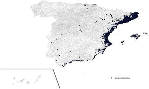 Spatial distribution of Ae. albopictus presence (municipalities with positive traps). Spain, 2016–2018.