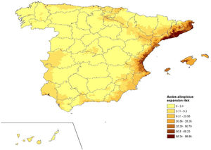 Spatial distribution of Ae. Albopictus environmental suitability index by municipalities. Spain.