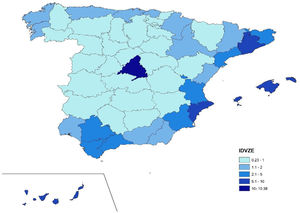 Spatial distribution of the endemic area traveler index (IDVZE) by provinces. Spain, 2014–2017.