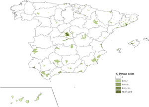 Spatial distribution of the % contribution of municipalities to the total number of dengue cases. Spain, 2016–2018.