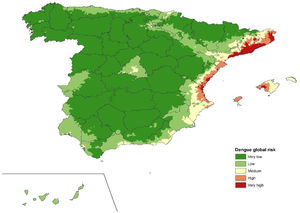 Spatial distribution of the risk of autochthonous dengue by municipalities. Spain.