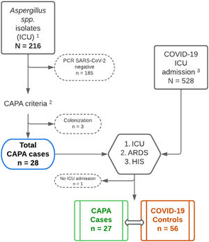 Flowchart of the study population. 1 – Isolation of Aspergillus spp. from respiratory samples provided by the Microbiology Department during the years 2020–2022; 2 – The CAPA criteria used were those proposed by Köhler et al.8; 3 – Patients admitted to the ICU for COVID-19 pneumonia during the years 2020–2022, cases from this cohort were excluded; CAPA: COVID-Associated Pulmonary Aspergillosis; ICU: intensive care unit; ARDS: acute respiratory distress syndrome; HIS: hyperinflammatory syndrome.