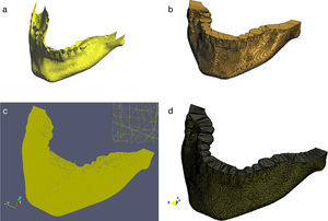 Generación de malla de una sección del hueso mandibular. (a) Iso-superficie del hueso mandibular extraído del hueso del cráneo presentado en la figura 23. (b) Corrección de (a) en GiD. (c) Modelo wireframe visualizado en Paraview. (d) Malla de tetraedros generado en GiD.