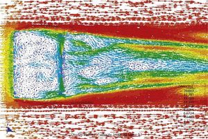 Campo de velocidades instantáneas en el plano de arranque del arco del modelo M2 (en la versión electrónica de este artículo se puede consultar esta figura a color).