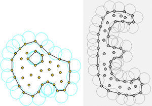 Ejemplos de reconocimiento del contorno con el método de Alpha Shape. Los círculos de radio mayor que αh(x) y que no contienen nodos en su interior definen los nodos de contorno.