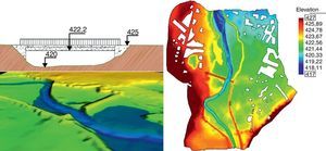 Sección transversal con vista 3D del talud del puente (izquierda), y MDT utilizado en el modelo numérico donde puede observarse el trazado de las motas de protección frente a inundaciones (derecha).