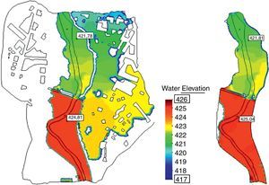 Extensión de la inundación y altura de la lámina de agua calculada considerando motas rebasables definidas mediante una sobreelevación del MDT (izquierda) y motas no rebasables definidas como contornos tipo pared (derecha).