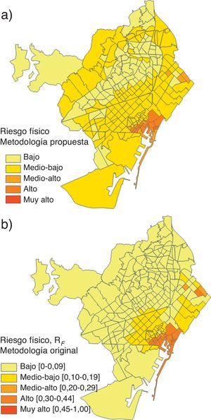 Niveles de riesgo físico para Barcelona: a) metodología propuesta; b) metodología original [12,13,17].