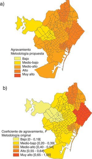 Nivel de agravamiento calculado para los distritos de Barcelona: a) metodología propuesta; b) metodología original [12,13,17].