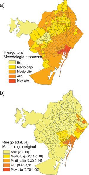 Niveles de riesgo total para Barcelona: a) metodología propuesta; b) metodología original [12,13,17].