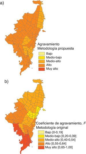Coeficiente de agravamiento obtenido para las localidades de Bogotá: a) metodología propuesta; b) metodología original [12,13,17].