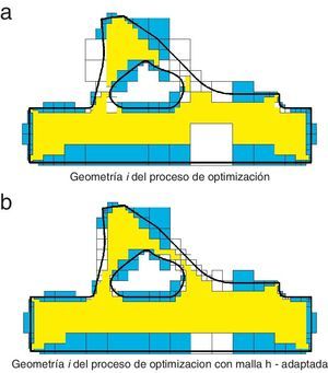 Ejemplo de una geometría en su proceso de refinamiento: reutilización vertical. Los elementos azules son aquellos elementos de contorno que se reutilizan entre las dos mallas de la misma geometría. La zona amarilla corresponde a elementos internos. En la malla representada en la figura (b) solo se han evaluado los elementos sin colorear.