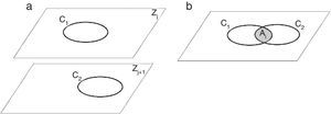 a)Contornos en planos consecutivos. b)Proyección ortogonal del contorno C1,Zj en el plano Zj+1 y determinación del área de intersección con C2,Zj+1.