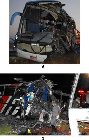 a) Acidente de impacto semifrontal na BR 230, KM 463 (PB/BR) e b) acidente de impacto frontal envolvendo ônibus na Av. Raposo Tavares (SP/BR) [8].