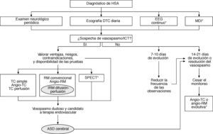 Algoritmo diagnóstico del vasospasmo cerebral y la isquemia cerebral tardía (ICT). Se señalan las pautas convencionales más recomendables y las alternativas aplicables en situaciones específicas (*). ASD: angiografía por sustracción digital; DTC: Doppler transcraneal; EEG: electroencefalografía; HSA: hemorragia subaracnoidea; MDI: microdiálisis intracerebral; RM: resonancia magnética; TC: tomografía computarizada.