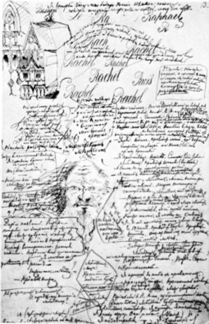 Página manuscrita por Dostoyevski, con autorretrato incluido para su novela Los Demonios.