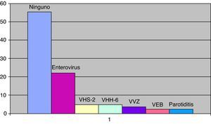 Histograma donde se expresan las etiologías del estudio de las meningitis víricas. CMV: citomegalovirus; VEB: virus de Epstein-Barr; VHH-6: virus del herpes humano tipo 6; VHS: virus herpes simple tipo 2; VVZ: virus varicela-zoster.