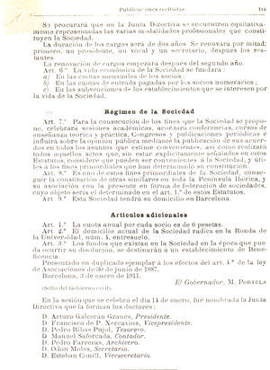 Segunda página de los estatutos de la Sociedad de Psiquiatría y Neurología de Barcelona, publicados en 1911 en la Gaceta Médica Catalana (p. 118-119)16.