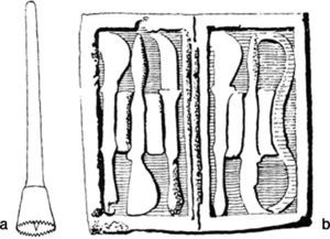 Instrumental utilizado por los médicos griegos para realizar trepanaciones. A) trépano simple con un pincho central. B) Estuche de escalpelos.