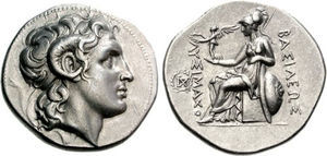 Tetradracma de Lisímaco, acuñado en Tracia circa 285 a. de C. Anverso: cabeza diademada de Alejandro Magno caracterizado como Zeus Amón. Reverso: Palas Atenea.