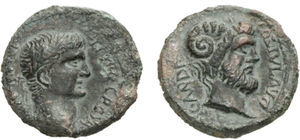Medalla consular acuñada en Casandra (Macedonia) en época de Claudio (41-54 d. de C.). Anverso: el emperador Claudio. Reverso: Zeus (Júpiter) Amón.