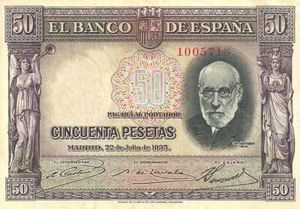 Billete emitido en homenaje a Don Santiago Ramón y Cajal (1852-1934), en el primer aniversario de su fallecimiento.