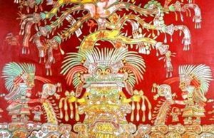 Mural de Tepantitla. Sacerdotes portando hongos psilobíceos alrededor del dios Tlaloc.