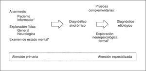 El método clínico, adaptado al diagnóstico del deterioro cognitivo. La línea de puntos representa tareas compartidas entre la atención primaria y la especializada. * Elementos específicos.
